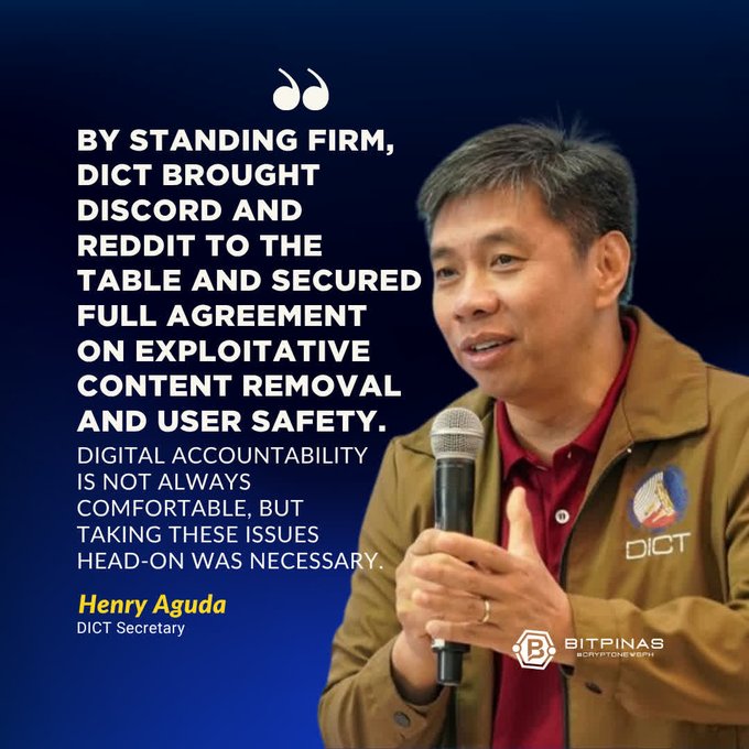 A quote graphic from BitPinas featuring DICT Secretary Henry Aguda wearing a DICT jacket, with text about bringing Discord and Reddit to the table to secure agreement on exploitative content removal and user safety.