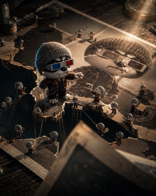A 3D-rendered character wearing a beanie and 3D glasses stands on a platform surrounded by miniature worker figurines constructing a giant face sculpture, illuminated by warm light.