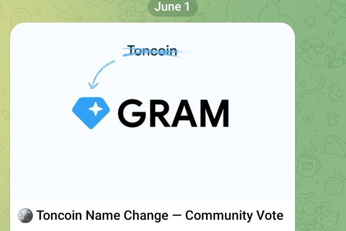 The image shows a white background with text that reads "June 1" at the top, followed by an explanation of a change happening to the native token name. The text suggests that the native token's name will be changed from "TONOIN" to "GRAM". This change is likely due to the evolution of the token's name over time and could have been suggested in the post.