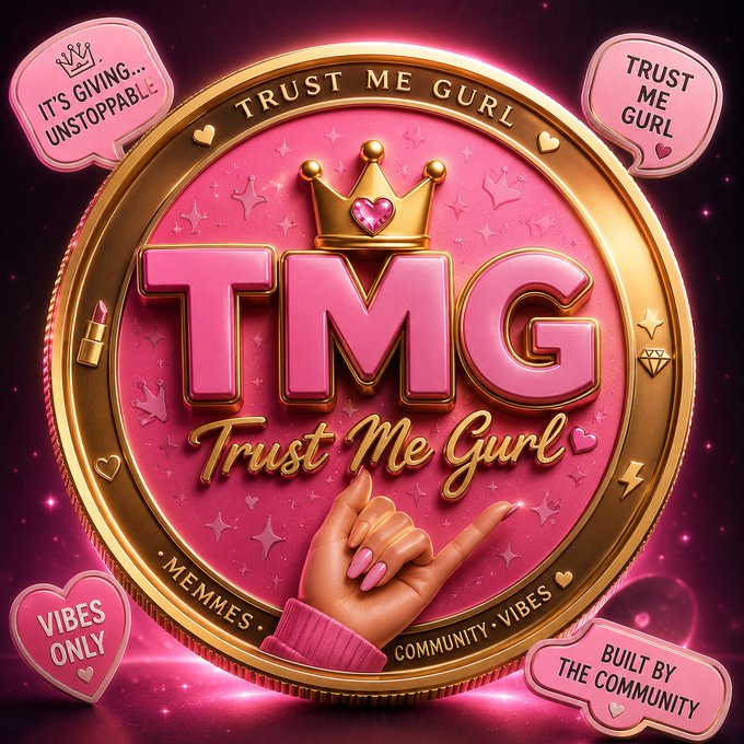 A shiny gold and pink coin or badge design reads 'TMG' and 'Trust Me Gurl' with surrounding speech bubbles saying 'IT'S GIVING... UNSTOPPABLE', 'TRUST ME GURL', 'VIBES ONLY', and 'BUILT BY THE COMMUNITY'.