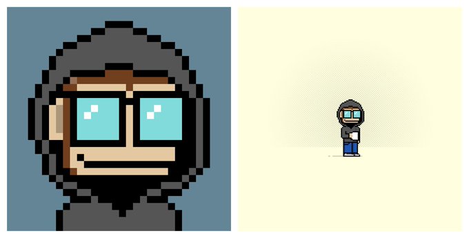 Two-panel pixel art showing a hooded character with cyan sunglasses in a close-up portrait on the left and a small full-body version standing on a pale yellow background on the right.