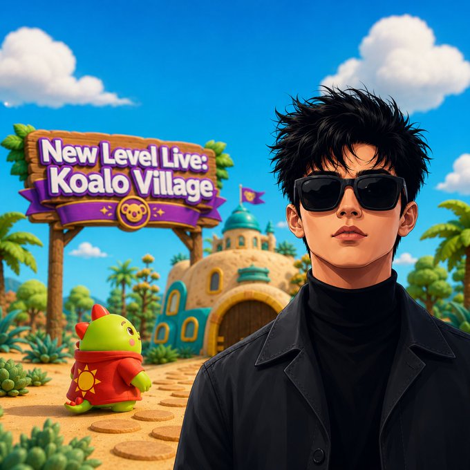 A stylish figure in dark sunglasses and a black jacket stands in the foreground of a colorful, cartoon-style game world, with a wooden sign reading "New Level Live: Koalo Village" prominently displayed behind him next to a small green character wearing a red sun shirt, all set against a bright blue sky with fluffy clouds and whimsical desert buildings that match the post's announcement of Sleepagotchi's new Koala Village level.