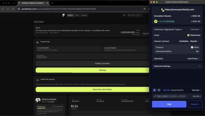 A screenshot shows the PonsFami.lol launchpad claiming 4,121,819 NVDA creator fees for "JENDLN_INVAND" alongside a Rabby Wallet notification confirming a claim of 4.1219 NVDA (~$950.98) via the Robinhood chain contract, illustrating the user's experiment of launching a random token and immediately receiving volume bot activity.