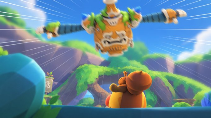 A cartoon character watches in shock as a massive tiki-mask boss suddenly swoops down on them from above, capturing the exact moment the easy fight turns chaotic. The dramatic speed lines and looming boss perfectly illustrate the classic gaming moment of an unexpected ambush.