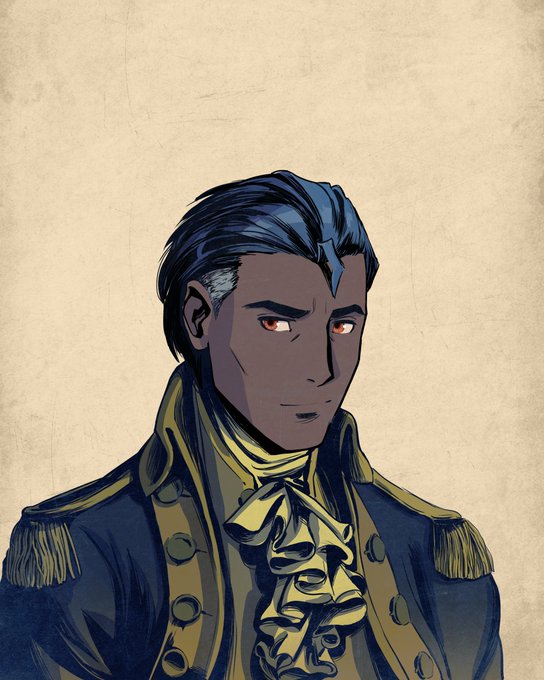 A digital illustration of a dark-haired, red-eyed man with a distinguished streak of grey, wearing an ornate dark blue and gold military-style jacket with a ruffled yellow cravat, set against a parchment-colored background.