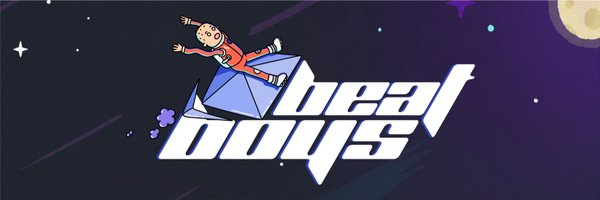 The image features a colorful sign that says "Beal Boys" written in white letters with a cartoon depiction of a person riding an octopus-shaped paper boat. Above the text, there's a space filled with stars, adding to the overall starry ambiance of the scene. Additionally, the post mentions a specific Ethereum Mint price and dates for the collaboration between Beatboys Seth and Etherscan, showcasing the promotional aspect of the project.