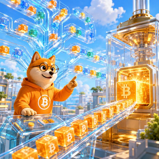 An animated Shiba Inu wearing glasses and a Bitcoin-logo hoodie points toward a conveyor belt of glowing Bitcoin blocks feeding into a transparent mining rig, with a network of colorful "B" cubes branching out above. The image visually mirrors the post's theme of engineering-driven mempool optimization—where orderly transaction flow and algorithmic sorting keep Bitcoin's block space open and efficient without relying on censorship.