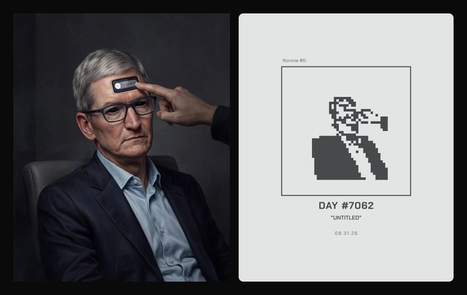 A portrait of a serious-looking man wearing glasses with a finger pointing a small device at his forehead, paired with a pixel art piece labeled 'Nonnie #0', 'DAY #7062', 'UNTITLED', and dated 08.31.26.