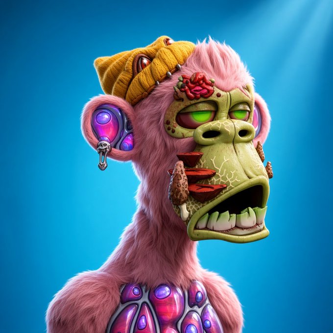 A 3D-rendered illustration of a pink furry monkey character wearing a yellow beanie, featuring glowing green eyes, a rose-shaped marking on its forehead, purple bio-mechanical implants on its ear and chest, and mushrooms growing on its face, set against a blue background.