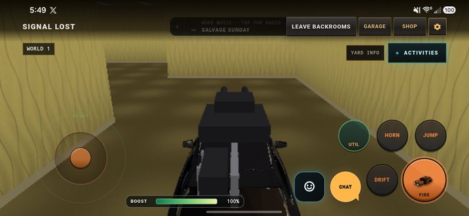 A mobile game screenshot showing a vehicle in a 'SIGNAL LOST' scenario with gameplay buttons like 'HORN', 'JUMP', 'DRIFT', 'FIRE', and 'CHAT', along with 'WORLD 1' and other interface elements.