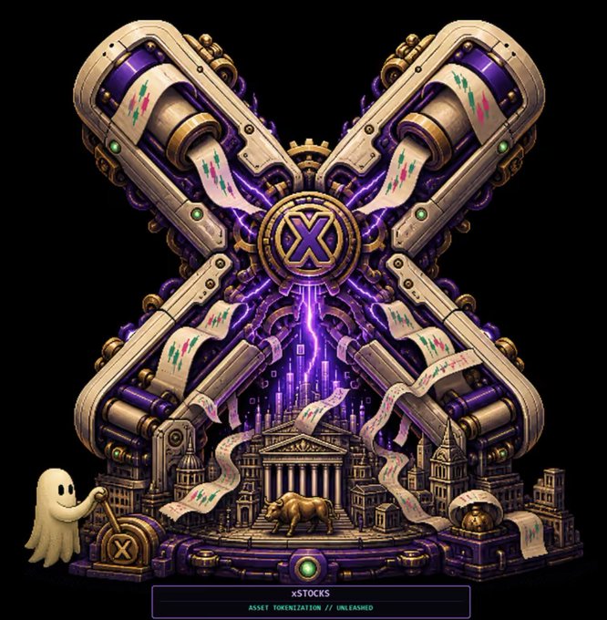A digital artwork of a complex steampunk-style machine labeled 'xSTOCKS ASSET TOKENIZATION // UNLEASHED', featuring a bull statue and ghost figure.