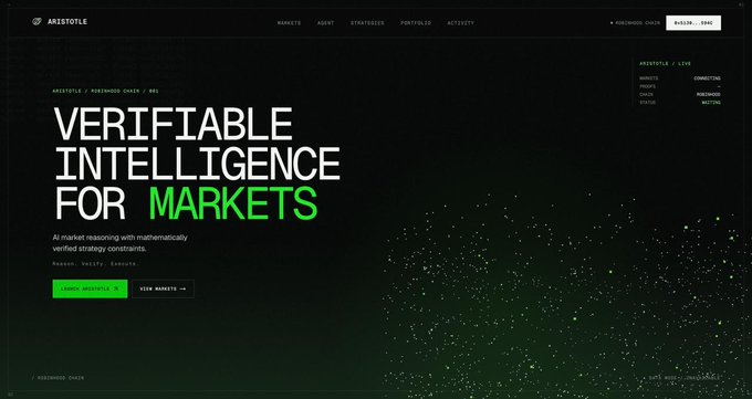 A dark website landing page for 'ARISTOTLE' with the large heading 'VERIFIABLE INTELLIGENCE FOR MARKETS', accompanied by a green 'LOAD MARKETS' button and navigation links.
