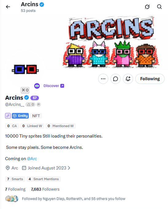 An X/Twitter profile for 'Arcins' (@Arcins__), a verified NFT account with the bio '10000 Tiny sprites Still loading their personalities. Some stay pixels. Some become Arcins. Coming on @Arc', showing 7,683 followers, 57 Smarts, and a pixel-art banner.