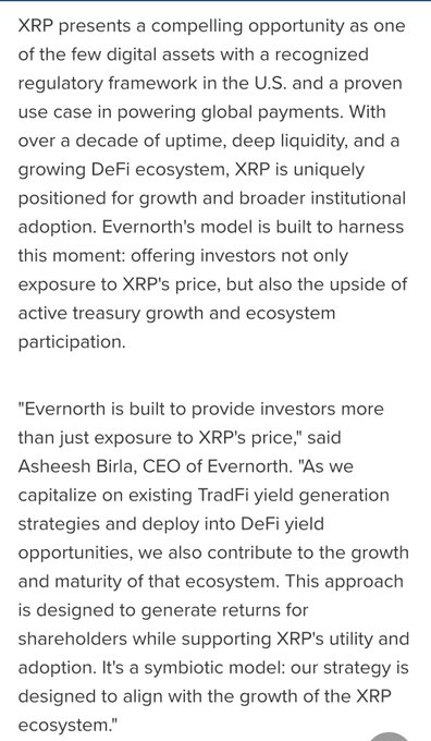 A press release excerpt discussing Evernorth's XRP treasury strategy and its CEO Asheesh Birla's statement about generating yields through TradFi and DeFi, highlighting XRP's regulatory standing and institutional growth potential—aligning with the announced launch of the Evernorth XRP Treasury (XRPN) on Nasdaq.