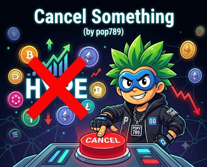 A cartoon illustration titled 'Cancel Something (by pop789)' shows a character with green hair pressing a red 'CANCEL' button, with a large red X over the word 'HYPE' and various cryptocurrency icons in the background.