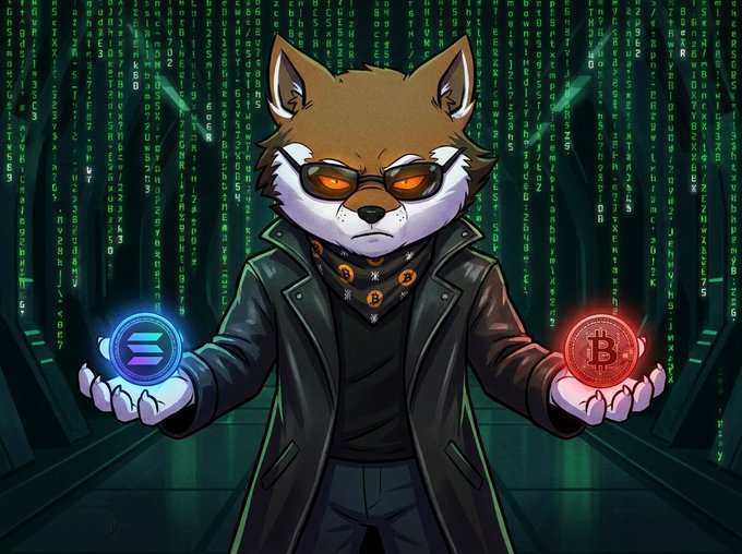 The image features a cartoon fox wearing sunglasses and holding two Bitcoins in its paws. The fox is dressed in a leather jacket and has a bandana around its neck. The text at the bottom of the image reads "You can either buy Bitcoin or Solana. Different chain, same pack!".
