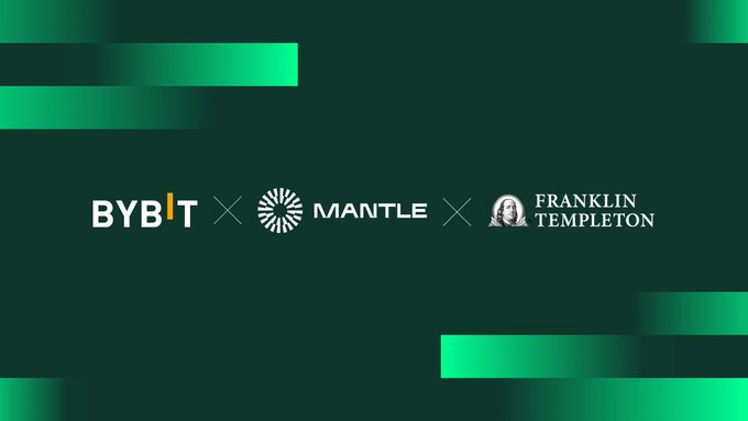 The image displays the logos of Bybit, Mantle, and Franklin Templeton on a dark green background, visually representing the partnership announced in the post where the crypto exchange, blockchain network, and $1.7T asset manager collaborate to bring institutional tokenized wealth strategies onchain.