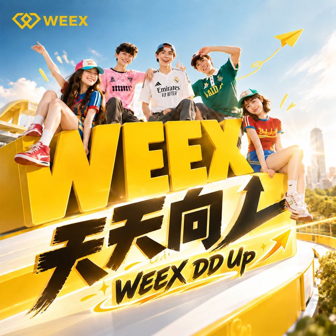 A promotional WEEX advertisement features six young people in colorful soccer jerseys posing behind large yellow 'WEEX' text with Chinese characters '天天向上' and 'WEEX DD UP'.