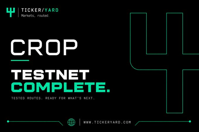A sleek black graphic featuring the TickerYard logo and brand name "TICKERYARD" with the tagline "Markets, routed." displays bold white and green text reading "CROP TESTNET COMPLETE." along with "TESTED ROUTES. READY FOR WHAT'S NEXT." and the website "WWW.TICKERYARD.COM" at the bottom. The image visually reinforces the announcement of the successful completion of the CROP testnet, marking a milestone toward launch.