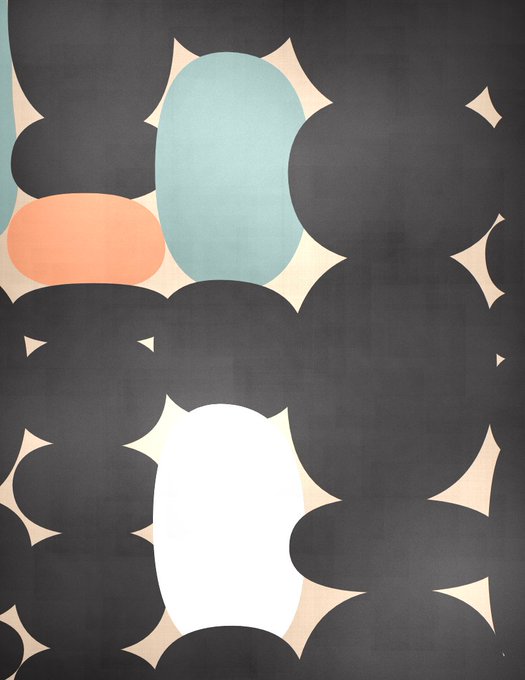 An abstract pattern of overlapping rounded shapes in black, with teal, peach, and white accents creating a mid-century modern retro design on what appears to be fabric or wallpaper.