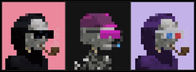 Three pixel-art skull characters are displayed side by side - one smoking on a pink background, one with a pink cap on black, and one with red/blue 3D glasses on purple.