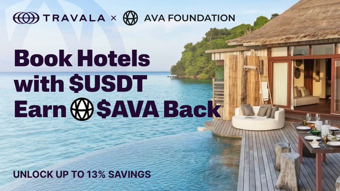A promotional banner for Travala x AVA Foundation reading 'Book Hotels with $USDT Earn $AVA Back', set against a tropical overwater bungalow.