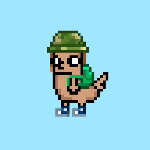 A pixel art illustration of a person with a mustache wearing a green camouflage hat and holding a green pixelated object, set against a solid light blue background.