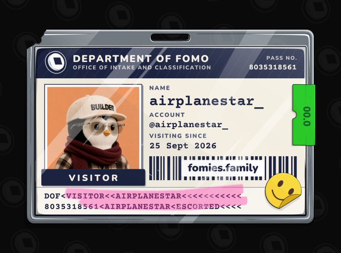 A digital visitor pass from the 'DEPARTMENT OF FOMO' for user 'airplanestar_' with account '@airplanestar_', marked as an escorted visitor since 25 Sept 2026.