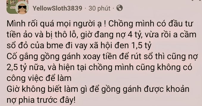 A screenshot of a Facebook post in Vietnamese from a user named 'YellowSloth3839', describing a desperate family financial situation involving cryptocurrency losses and debts totaling billions.