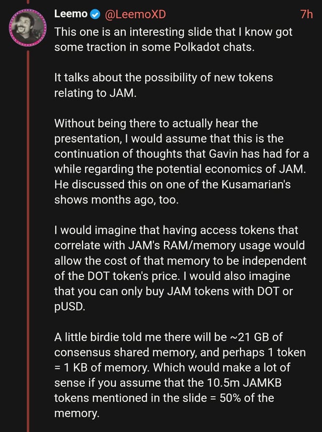 This image shows a meme or social media post where an image of a meme with the caption "A new token for JAM would be created based on comments of the Web3 summit" is displayed. The image also mentions a webinar that happened in the past, where discussions about JAM tokens took place. Additionally, it includes a statement from a person named Leemo who made a comment on this post. This meme has been shared by various people and is now being viewed or screenshoted.
