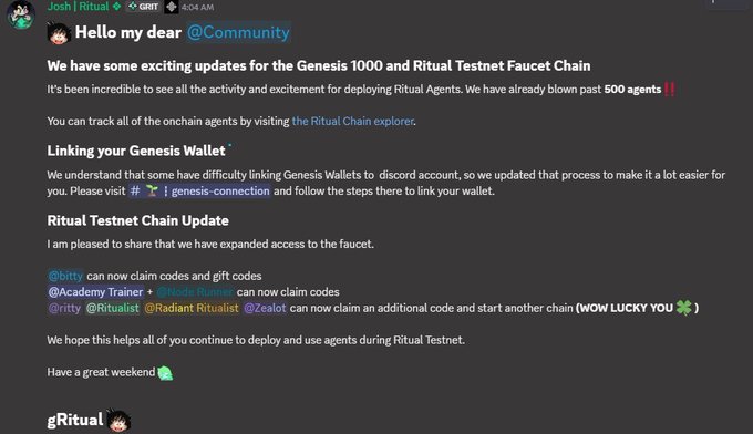 The image shows a Discord announcement from Josh (@Ritual) celebrating milestones for the Genesis 1000 and Ritual Testnet Faucet Chain, highlighting that 500+ agents have been deployed and introducing a simpler wallet-linking process via the #genesis-connection channel. The post also lists expanded faucet access for specific roles (@ritty, @Academy Trainer, @Radiant Ritualist, @Zealot) to claim codes and start new chains. This directly supports the accompanying post's message about the Ritual ecosystem's growth and the success of the Genesis1000 initiative in deploying decentralized AI agents.