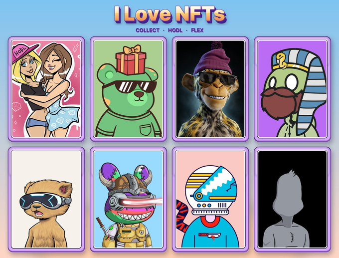 A graphic titled 'I Love NFTs - COLLECT • HOOD • FLEX' displays a grid of eight NFT-style characters including cartoon figures, a giraffe, and various avatars.