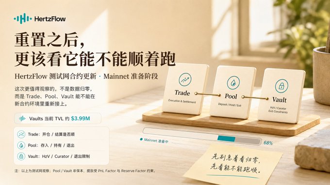 The image is a promotional graphic for HertzFlow (@Hertzflow_xyz), featuring Chinese text translating to "After the reset, the real test is whether it can run smoothly," announcing that the testnet contract has been updated in preparation for Mainnet. It highlights key metrics including a current TVL of $3.99M and displays three illustrated components—Trade (Execution & Settlement), Pool (Deposit/Hold/Exit), and Vault (H2V/Curator Exit Constraints)—along with a Mainnet readiness progress bar at 68%.