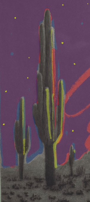 A stylized painting of cacti silhouettes against a purple night sky with stars and red/blue color accents.