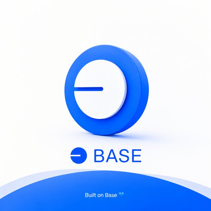 A 3D render of a blue circular logo with a horizontal line through it, displayed above the word 'BASE' and the tagline 'Built on Base' on a white background.