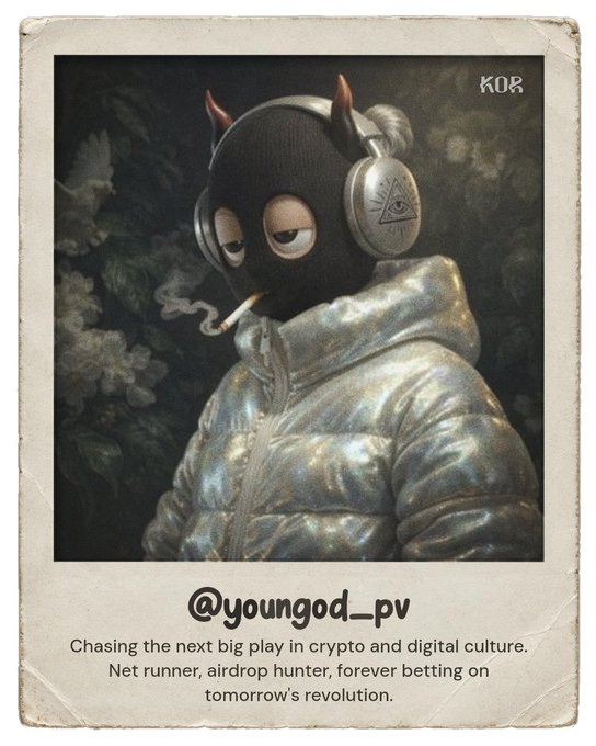 A profile card for @younggod_pv showing a masked figure with devil horns, smoking a cigarette, captioned "Chasing the next big play in crypto and digital culture. Net runner, airdrop hunter, forever betting on tomorrow's revolution."