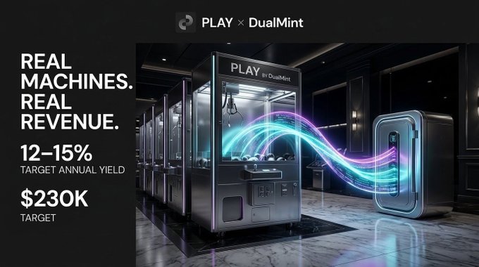 A sleek promotional banner for 'PLAY by DualMint' showcasing claw machine-style devices in a luxury setting, advertising 'REAL MACHINES. REAL REVENUE.' with 12-15% target annual yield and $230K target.
