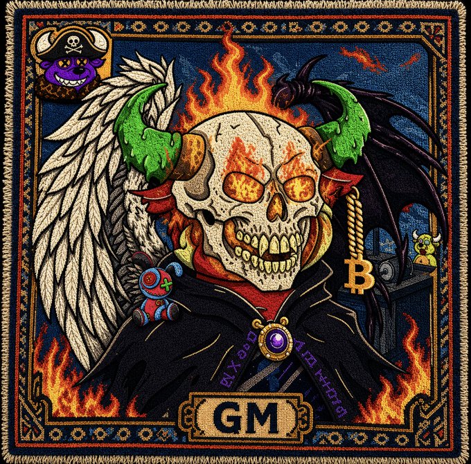 A vibrant illustration features a flaming horned skull with angel and demon wings, adorned with a "B" (Bitcoin) pendant and a "GM" banner, with smaller characters wearing pirate hats in the corners. The image's "GM" motif and crypto-themed design directly complement the post's "GM CT" (Good Morning Crypto Twitter) greeting for hump day.
