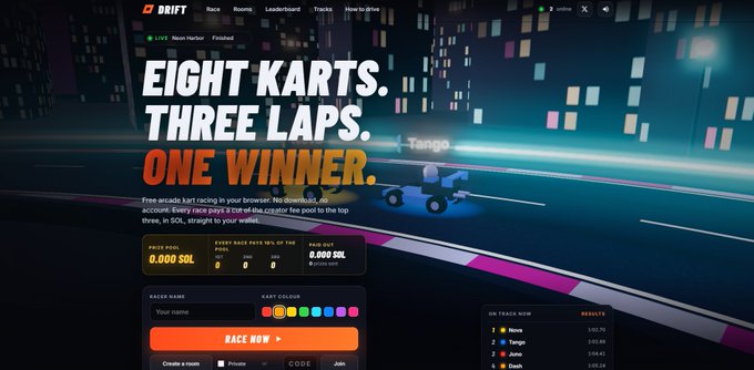 A dark webpage screenshot for "DRIFT" kart racing with bold text "EIGHT KARTS. THREE LAPS. ONE WINNER." and options to create/join races with 0.000 SOL entry fees.