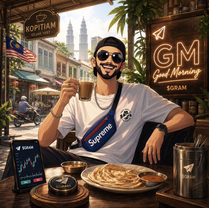 The image features a man sitting at a table with food, holding a cup of coffee or tea. There are also two cell phones placed on the table, one near the bottom left corner and another towards the top right corner. The background shows an outdoor setting with several umbrellas and buildings in the distance, suggesting that it is likely daytime. The image includes text elements such as "GM to all my $GRAM builders", which could be a reference to a social media post or a promotional message related to GM's trading platform.

The man sitting at the table appears to be enjoying his meal and drink while looking at his cell phone, possibly checking messages or browsing through social media. The presence of multiple umbrellas in the background might indicate that it is a sunny day outside, adding to the overall atmosphere of the scene.