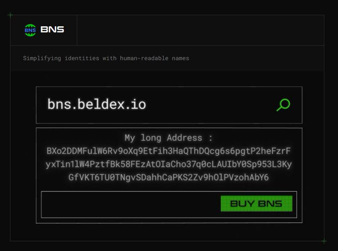 A dark-themed interface for BNS showing the domain 'bns.beldex.io' mapped to a long crypto address, with a green 'BUY BNS' button.