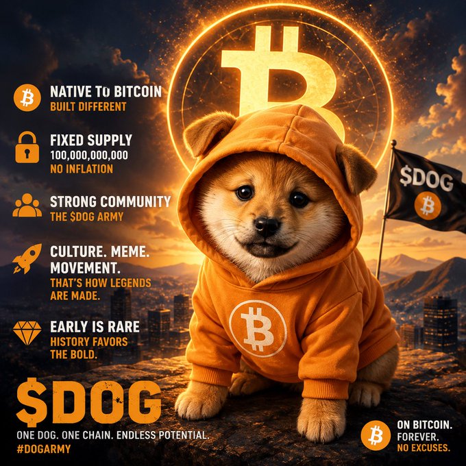 A Shiba Inu puppy wearing an orange hoodie with a Bitcoin logo sits before a glowing Bitcoin emblem, with a flag reading "$DOG" in the background. The promotional graphic highlights key features including "NATIVE TO BITCOIN," "FIXED SUPPLY 100,000,000,000," "STRONG COMMUNITY THE $DOG ARMY," and the hashtag #DOGARMY.

The image reinforces the post's argument by visually presenting $DOG as a "native cultural asset" for Bitcoin—using a meme-friendly dog mascot and Bitcoin symbolism to argue that $DOG's value should be measured not against a $1B cap, but against Bitcoin's trillion-dollar potential.