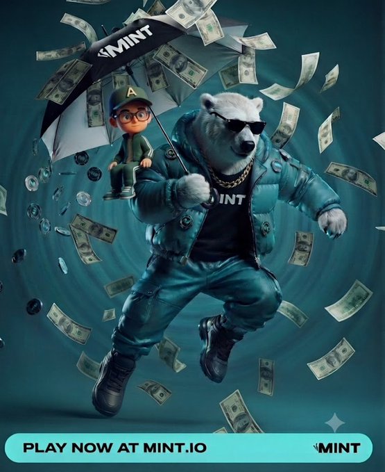 A digital illustration of a bear in sunglasses and a blue puffer jacket holding an umbrella labeled 'MINT' while carrying a small figure, with text 'PLAY NOW AT MINT.IO'.