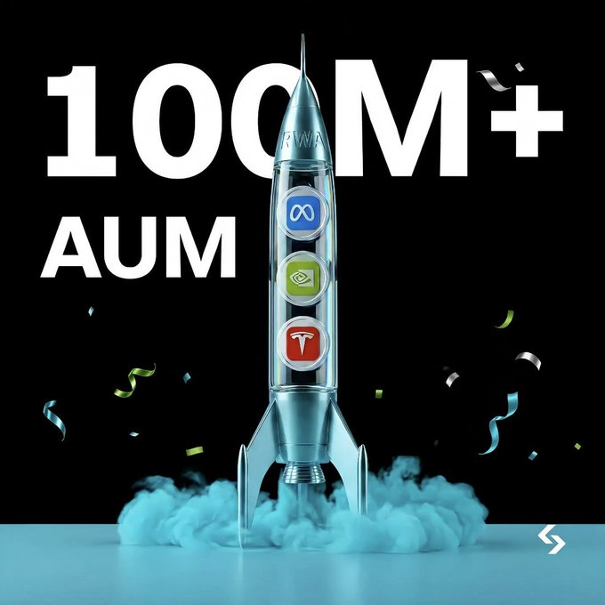 A promotional graphic displays '100M+ AUM' in large white text behind a launching rocket carrying Meta, Nvidia, and Tesla logos.