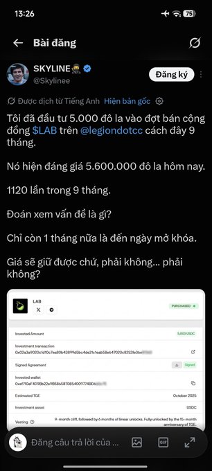 A screenshot of a Vietnamese social media post by user @Skylinee discussing a $5,000 investment in $LAB on @legiondotcc, noting it grew to 5,600,000 over 9 months.