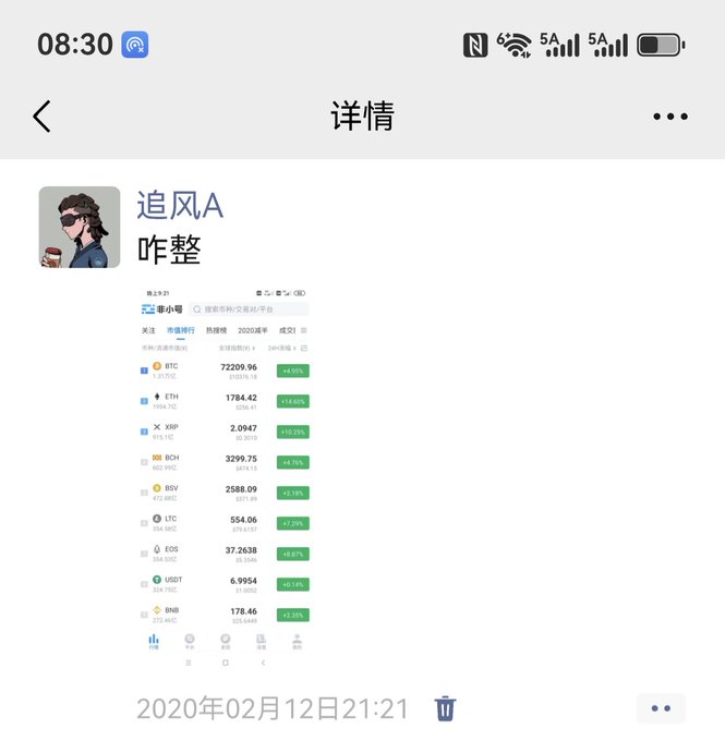 A mobile screenshot of a Chinese crypto market post by user '追风A' from 2020-02-12 showing Bitcoin (BTC) at 72209.96 with +0.01%, along with other cryptocurrencies including ETH, XRP, BCH, BSV, LTC, EOS, USDT, and BNB, all showing slight gains.