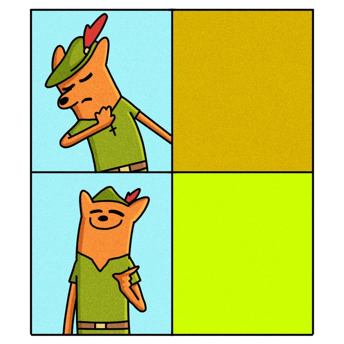 A two-panel comic shows a fox-like character in a green Robin Hood-style outfit with a feathered cap, first clutching a cross necklace solemnly, then smiling confidently after "burning" tokens. The image relates to the post by symbolically depicting a token burn as a small sacrificial act, with the character shifting from somber reflection to satisfaction after removing 1% of the supply.