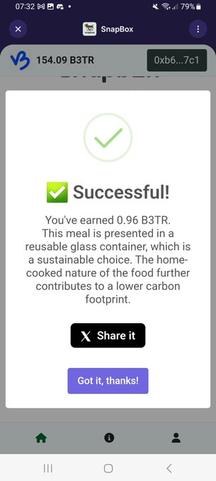 Mobile app screenshot of 'SnapBox' showing a 'Successful!' transaction earning 0.96 B3TR tokens for a home-cooked meal in a reusable glass container, with wallet balance of 154.09 B3TR.