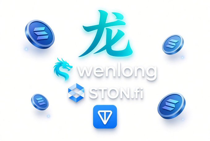 The image features a stylized blue dragon logo above the text "wenlong" and "STON.fi," flanked by digital coin icons and centered around a TON wallet logo. It visually reinforces the post by showcasing the brands—WenLong, STON.fi, and TON—that together enable cross-chain leveraged trading via Telegram.