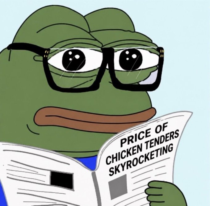 The 'Worried Pepe' meme shows a green frog character wearing black-rimmed glasses reading a newspaper with the headline 'PRICE OF CHICKEN TENDERS SKYROCKETING.'